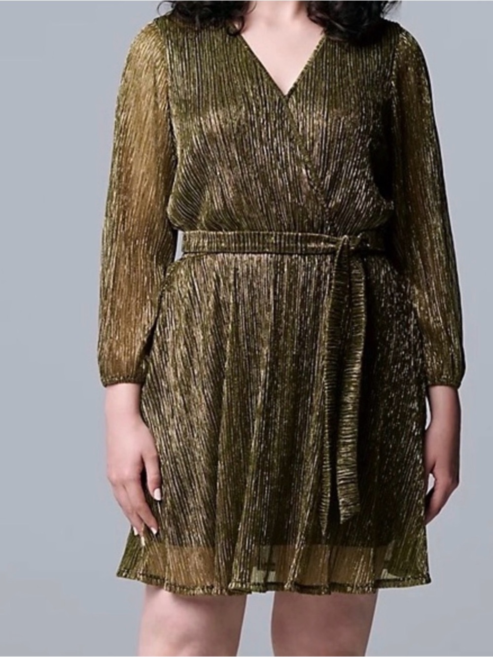 Simply Vera Vera Wang Olive Metallic Pleated Wrap-Style Mini Dress